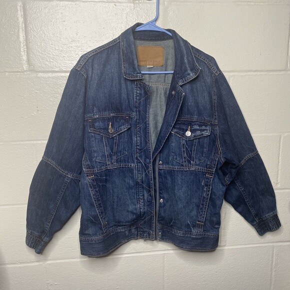 American Eagle Jean Jacket Button Zip Up Women Blue Pockets SZ Small Oversized - Picture 3 of 12